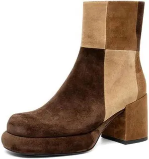 Pazzion Women Platform Closed Round Toe Ankle Booties Side Zippers Mid Block Heels Patchwork Short Boots Formal Working Office Shoes Size 4-16 US