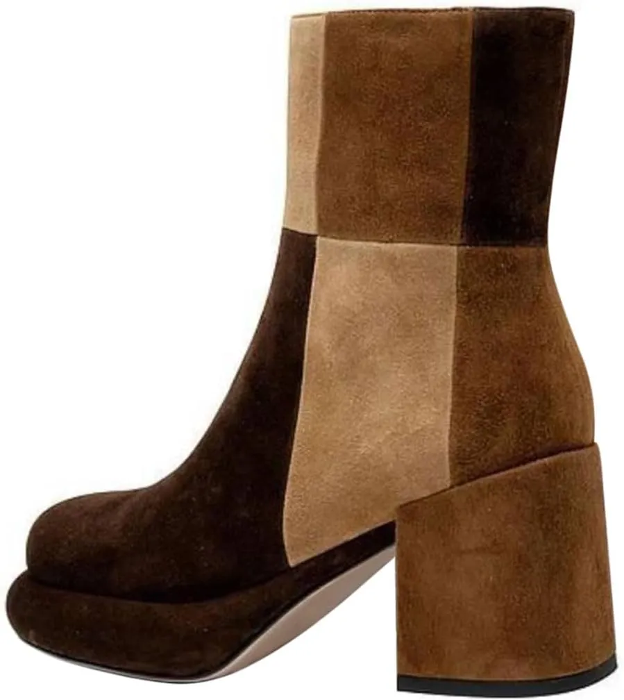 Pazzion Women Platform Closed Round Toe Ankle Booties Side Zippers Mid Block Heels Patchwork Short Boots Formal Working Office Shoes Size 4-16 US