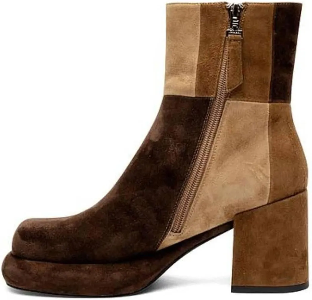 Pazzion Women Platform Closed Round Toe Ankle Booties Side Zippers Mid Block Heels Patchwork Short Boots Formal Working Office Shoes Size 4-16 US