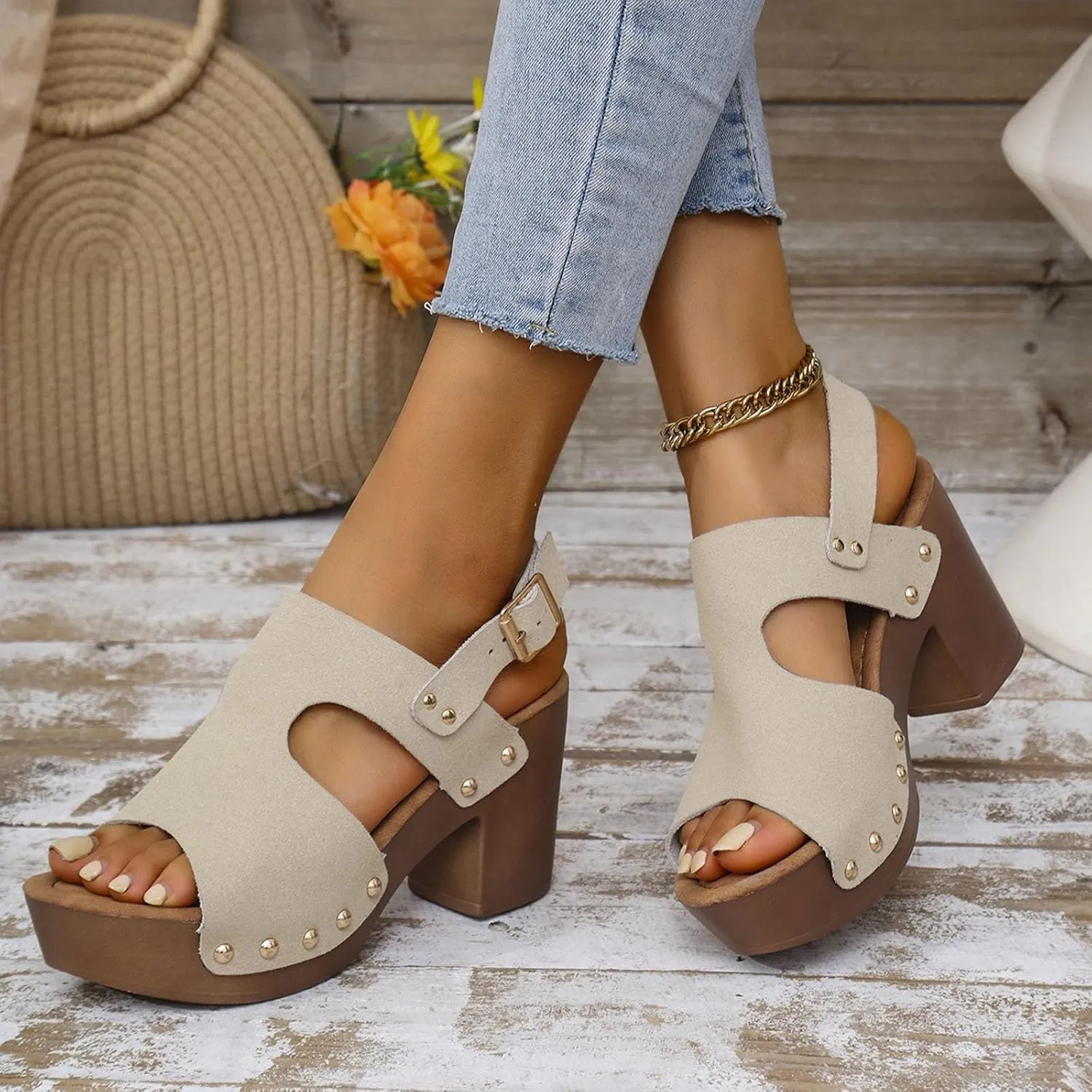 Platform Heels for Women Suede Studded Platform High Heel Stylish Roman Block Heel Sandals with Buckle Ankle Strap