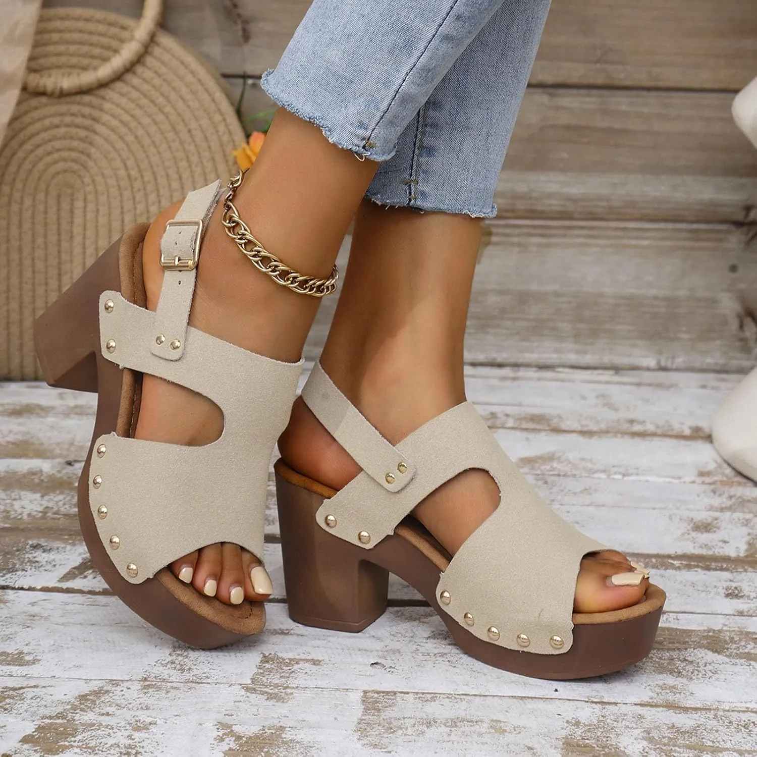 Platform Heels for Women Suede Studded Platform High Heel Stylish Roman Block Heel Sandals with Buckle Ankle Strap
