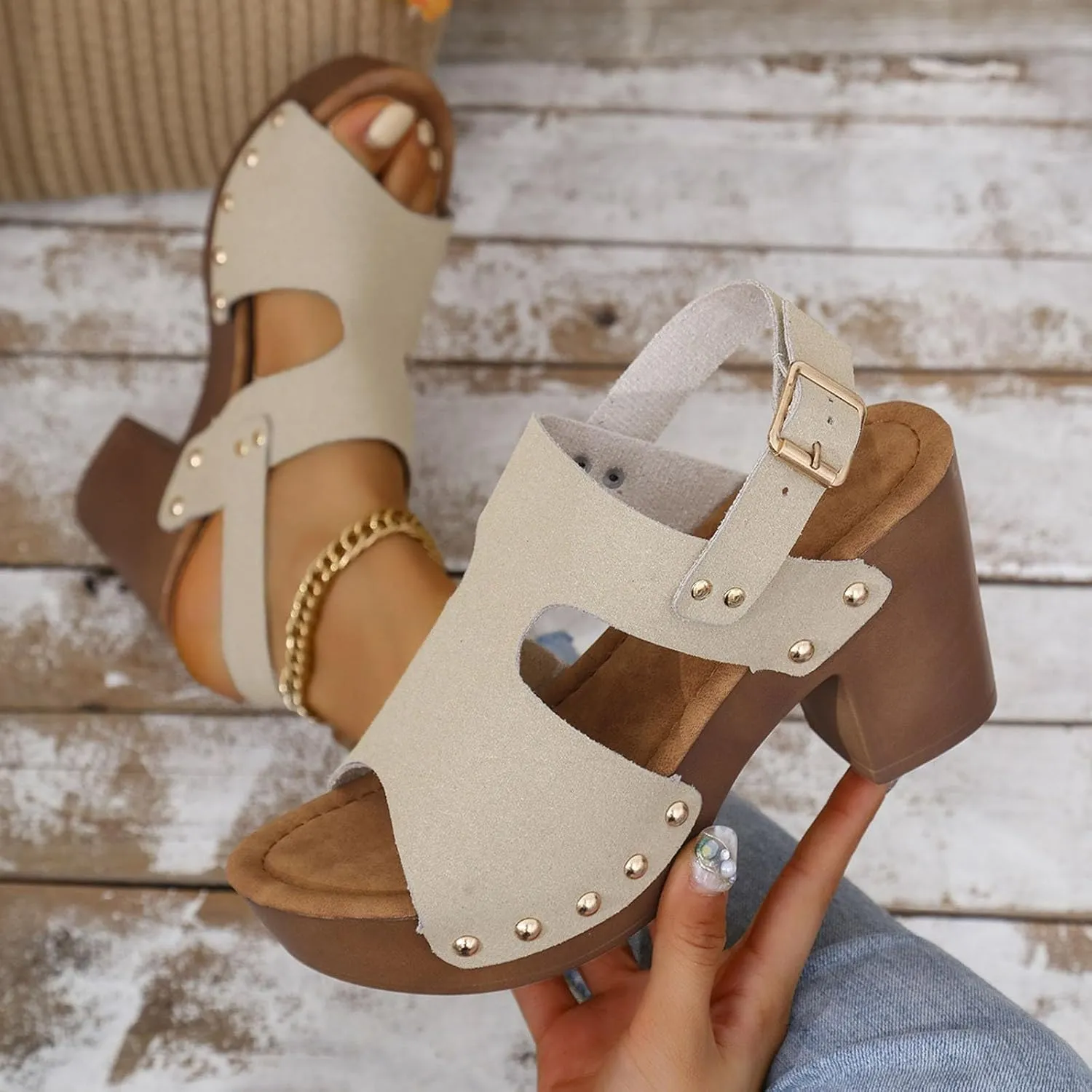 Platform Heels for Women Suede Studded Platform High Heel Stylish Roman Block Heel Sandals with Buckle Ankle Strap