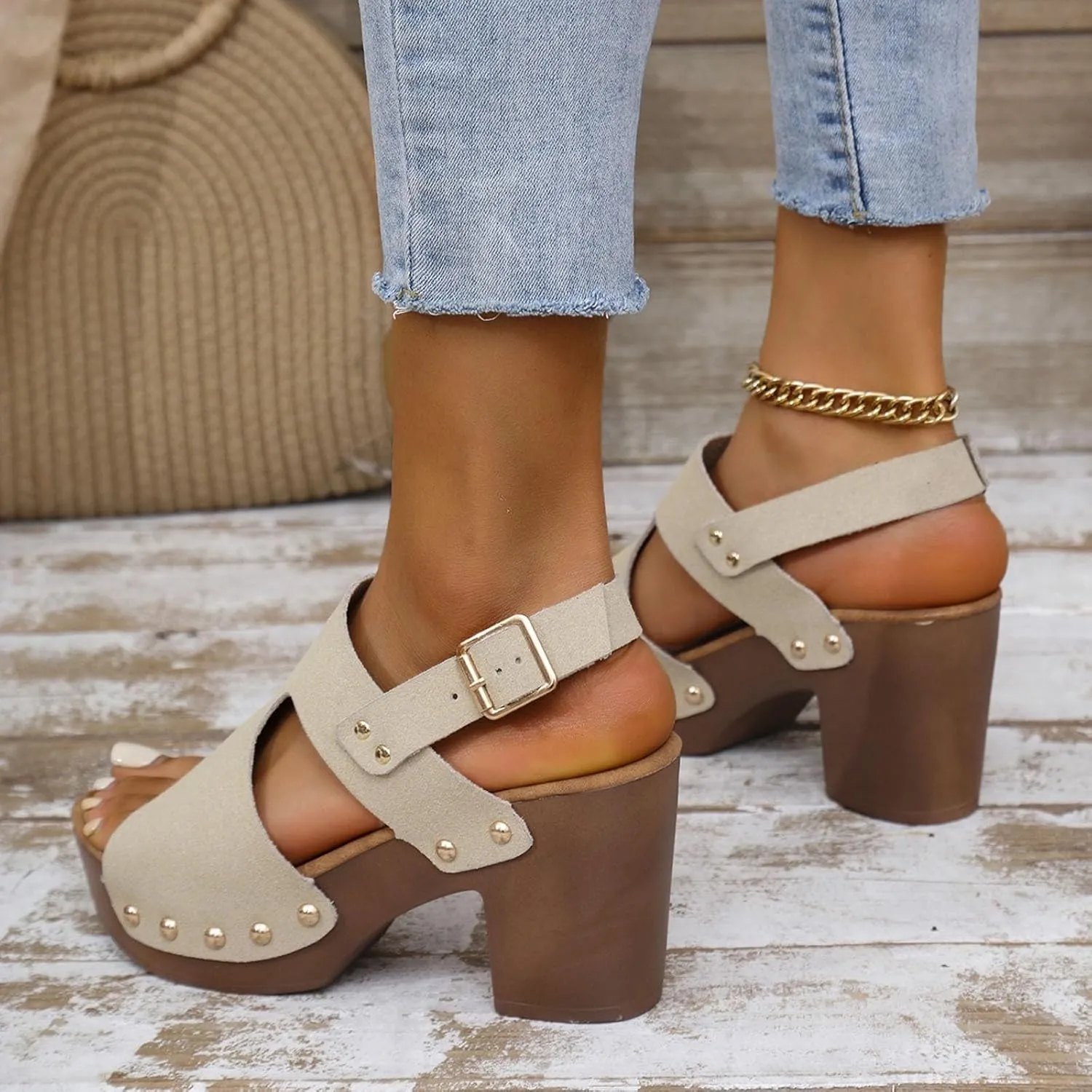 Platform Heels for Women Suede Studded Platform High Heel Stylish Roman Block Heel Sandals with Buckle Ankle Strap