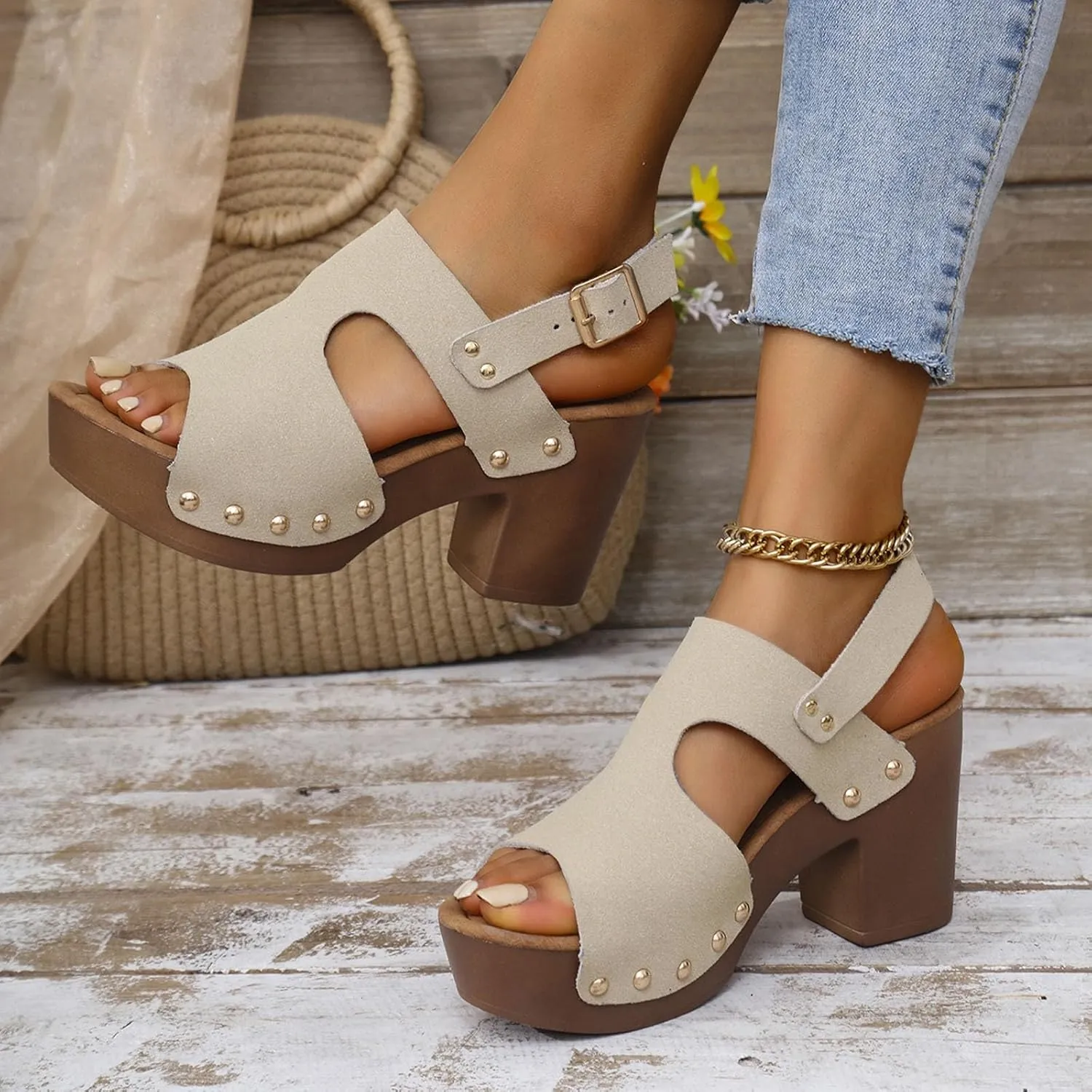 Platform Heels for Women Suede Studded Platform High Heel Stylish Roman Block Heel Sandals with Buckle Ankle Strap