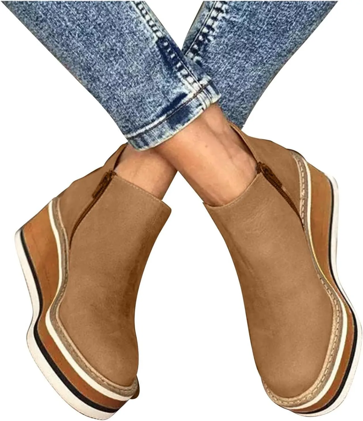 Platform Wedge Ankle Booties for Women, Ladies Fashion Casual Leather Round Toe Chunky Bottom High Heels Ankle Boots,Winter Fall Dress Short Boots Fashion High Top Sneakers Walking Shoes
