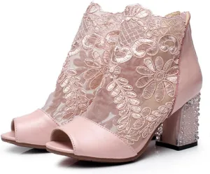 Plus Size Women's Fashion Black Ankle Boots Embroidery Peep Toe Thick Heeled Zip Pumps Sandals Ladies Casual Shoes