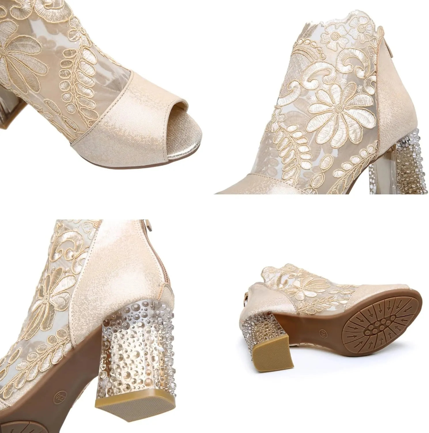 Plus Size Women's Fashion Black Ankle Boots Embroidery Peep Toe Thick Heeled Zip Pumps Sandals Ladies Casual Shoes
