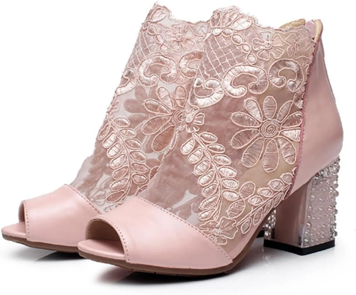 Plus Size Women's Fashion Black Ankle Boots Embroidery Peep Toe Thick Heeled Zip Pumps Sandals Ladies Casual Shoes