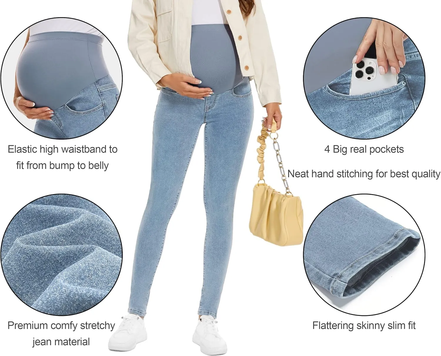 POSHGLAM Women's Maternity Jeans Over Belly Skinny Denim Jeggings Comfy Stretch Pregnancy Pants