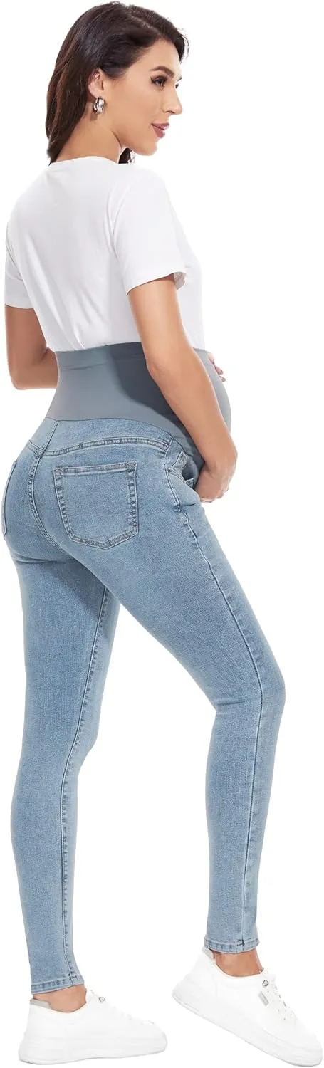 POSHGLAM Women's Maternity Jeans Over Belly Skinny Denim Jeggings Comfy Stretch Pregnancy Pants