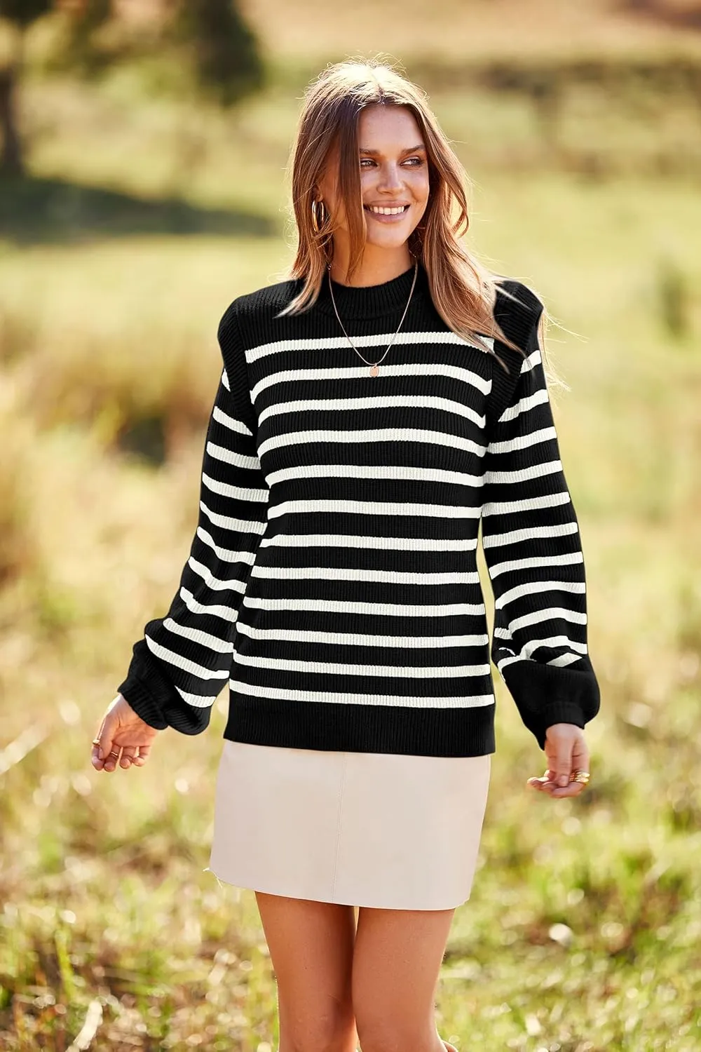 PRETTYGARDEN Women's Sweaters Casual Long Lantern Sleeve Crewneck Ribbed Knit Pullover Striped Jumper Tops Blouse