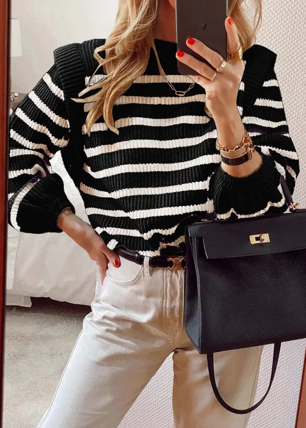 PRETTYGARDEN Women's Sweaters Casual Long Lantern Sleeve Crewneck Ribbed Knit Pullover Striped Jumper Tops Blouse