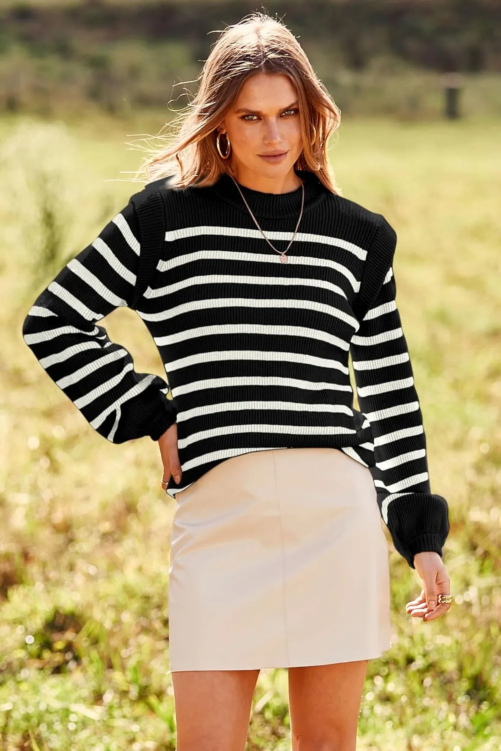 PRETTYGARDEN Women's Sweaters Casual Long Lantern Sleeve Crewneck Ribbed Knit Pullover Striped Jumper Tops Blouse