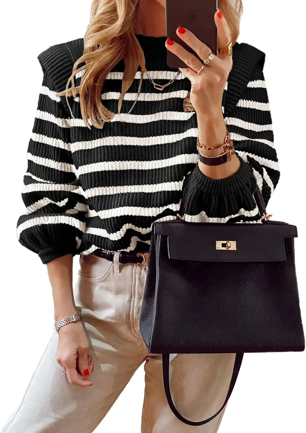 PRETTYGARDEN Women's Sweaters Casual Long Lantern Sleeve Crewneck Ribbed Knit Pullover Striped Jumper Tops Blouse