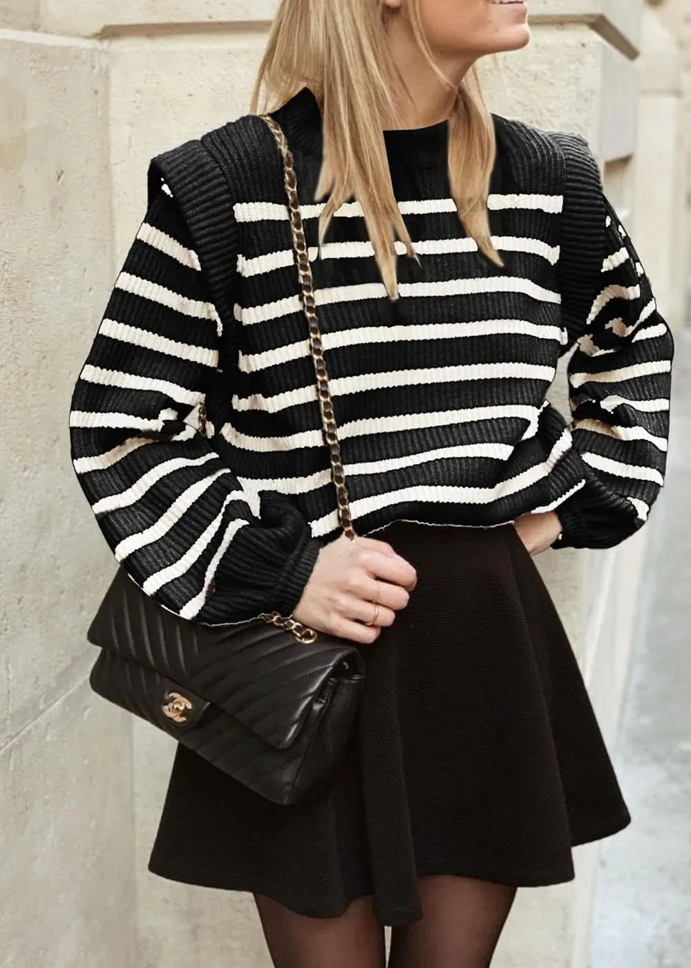 PRETTYGARDEN Women's Sweaters Casual Long Lantern Sleeve Crewneck Ribbed Knit Pullover Striped Jumper Tops Blouse