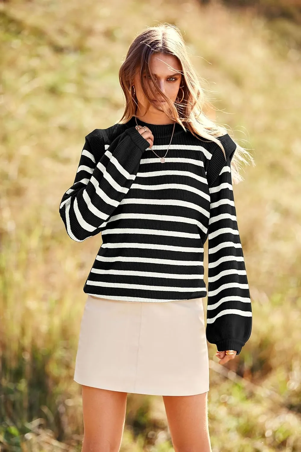 PRETTYGARDEN Women's Sweaters Casual Long Lantern Sleeve Crewneck Ribbed Knit Pullover Striped Jumper Tops Blouse