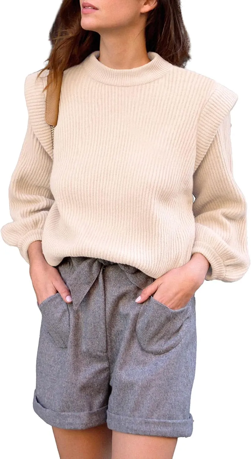 PRETTYGARDEN Women's Sweaters Casual Long Lantern Sleeve Crewneck Ribbed Knit Pullover Striped Jumper Tops Blouse