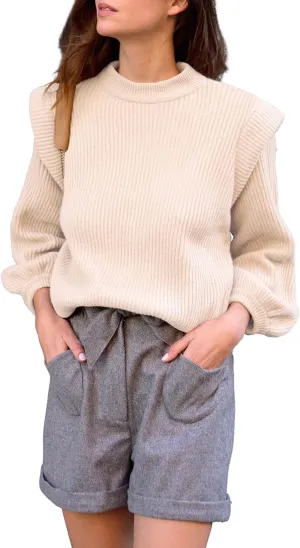 PRETTYGARDEN Women's Sweaters Casual Long Lantern Sleeve Crewneck Ribbed Knit Pullover Striped Jumper Tops Blouse