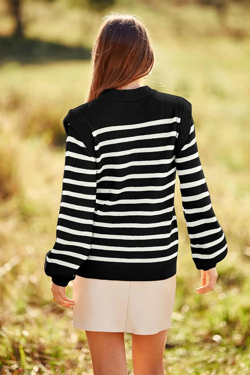 PRETTYGARDEN Women's Sweaters Casual Long Lantern Sleeve Crewneck Ribbed Knit Pullover Striped Jumper Tops Blouse
