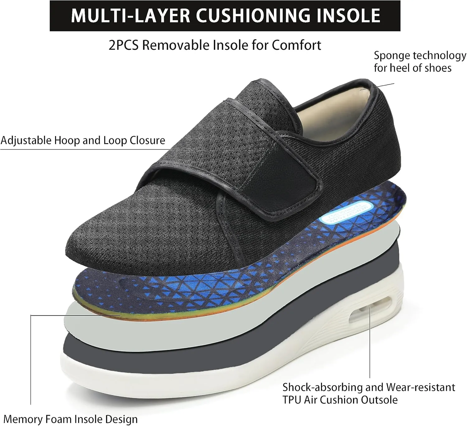 QHBPMGAD Diabetic Shoes for Women, Women's Wide Width Elderly Shoes, Adjustable Hook and Loop Closure Anti-Slip Breathable Lightweight, Swollen Feet Walking Edema Sneakers