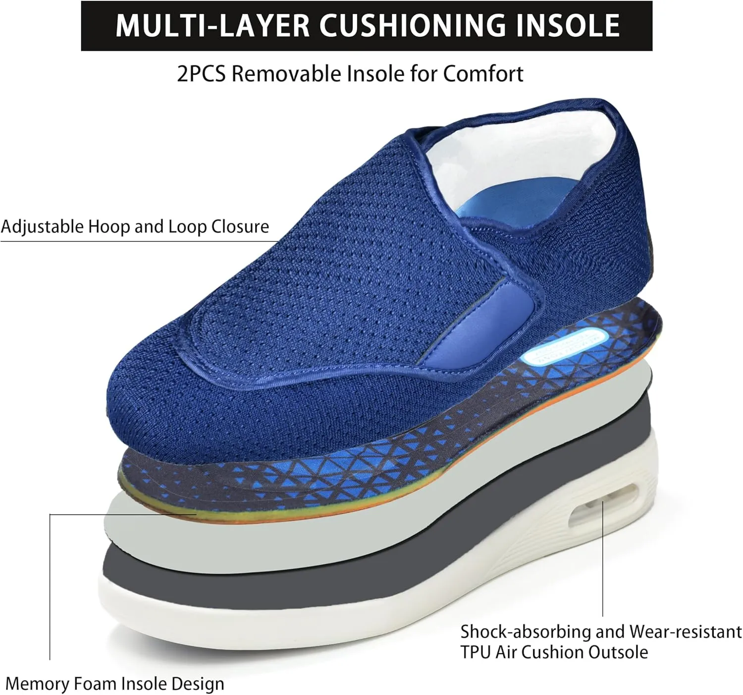 QHBPMGAD Mens Diabetic Shoes for Men Extra Wide Slip on Shoes for Swollen Feet Adjustable Hook and Loop Closure Anti-Slip Breathable Edema Walking Shoes