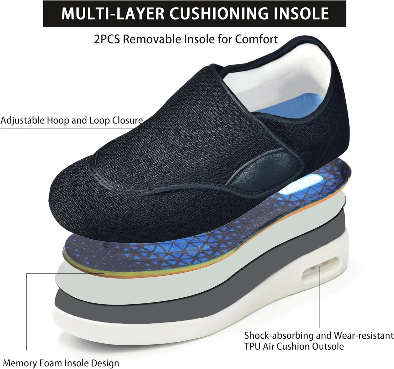 QHBPMGAD Women's Diabetic Shoes, Wide Width Elderly Sneakers for Women, Adjustable Hook and Loop Closure Non-Slip Breathable, Swollen Feet Walking Edema Shoes