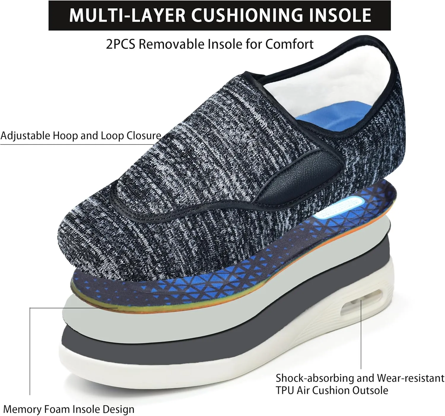 QHBPMGAD Women's Diabetic Shoes, Wide Width Elderly Sneakers for Women, Adjustable Hook and Loop Closure Non-Slip Breathable, Swollen Feet Walking Edema Shoes