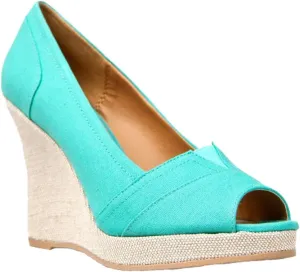 Qupid Talen-265 Designer Inspired Peep Toe Canvas Wedge Heel Sandals,Mint Suede Pu,7.5