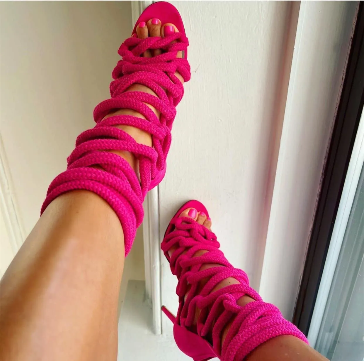 RHS1 Neon Green Rope Heeled Sandals For Women Girls Strappy High Heels Stiletto With Lace Up Open Toe Criss Cross Gladiator Roman Heel (8, rose pink)