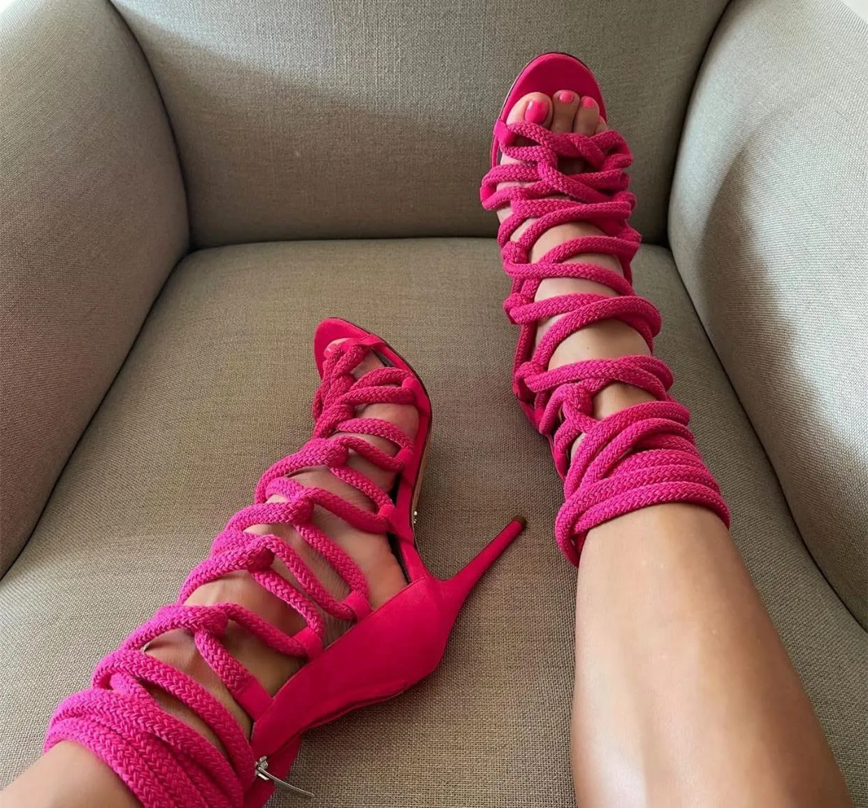 RHS1 Neon Green Rope Heeled Sandals For Women Girls Strappy High Heels Stiletto With Lace Up Open Toe Criss Cross Gladiator Roman Heel (8, rose pink)