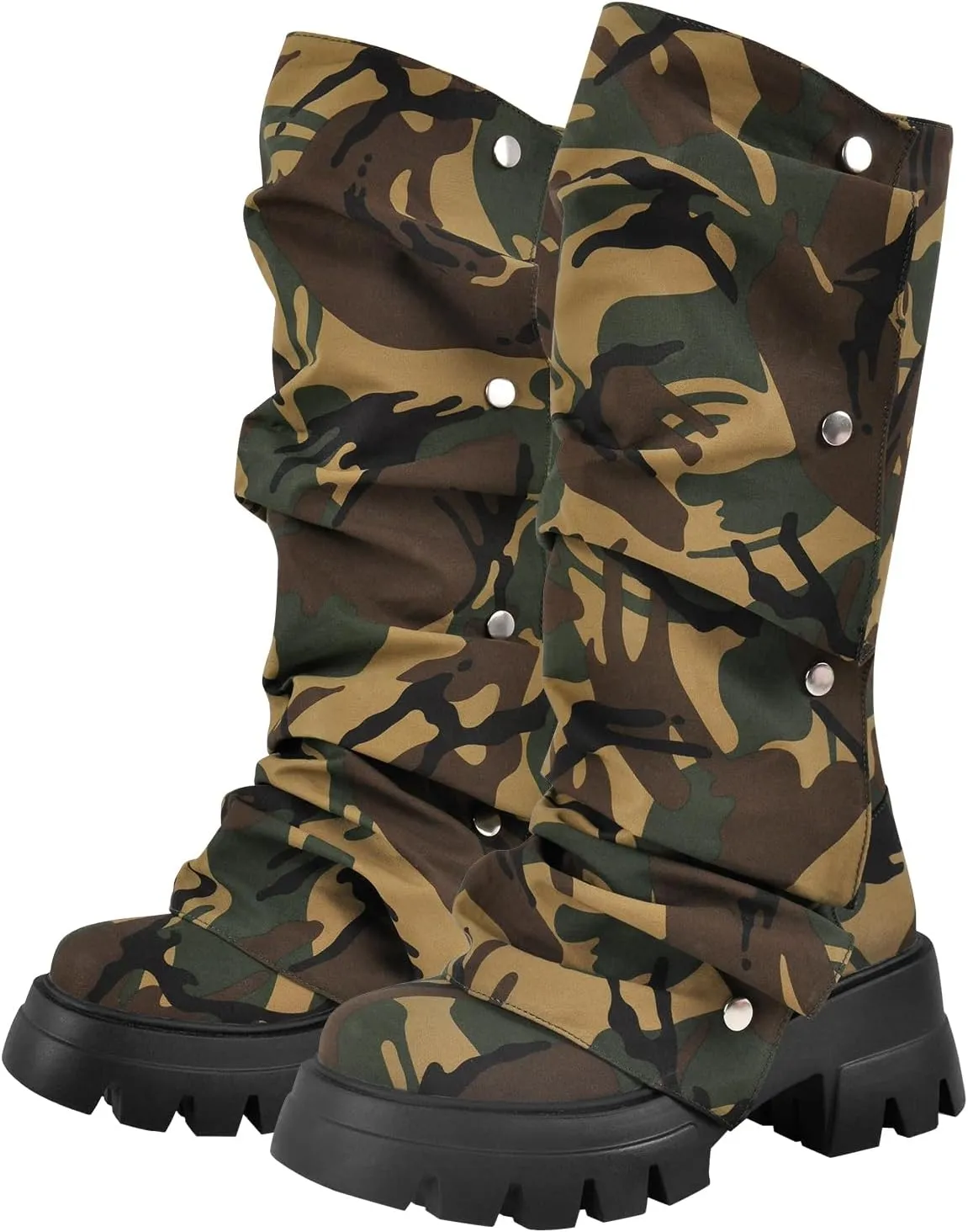 richealnini Women's Platform Punk Boots Slouch Fold Over Mid Calf Boots Pull On Tall Boots