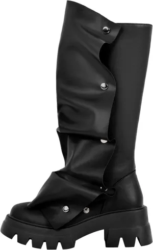 richealnini Women's Platform Punk Boots Slouch Fold Over Mid Calf Boots Pull On Tall Boots