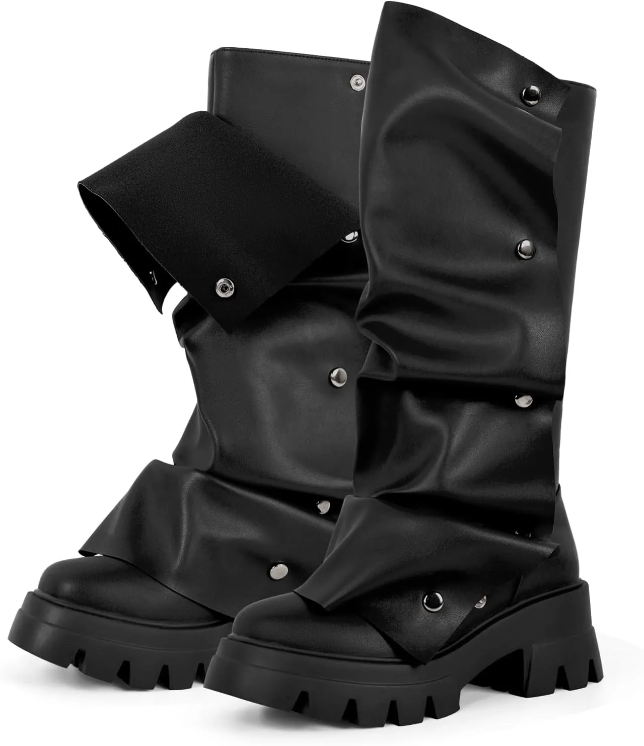 richealnini Women's Platform Punk Boots Slouch Fold Over Mid Calf Boots Pull On Tall Boots