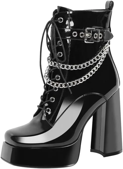 richealnini Women's Square Toe Platform Block Heeled Ankle Boots for Party Wedding