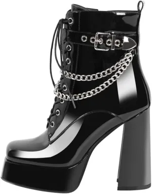 richealnini Women's Square Toe Platform Block Heeled Ankle Boots for Party Wedding