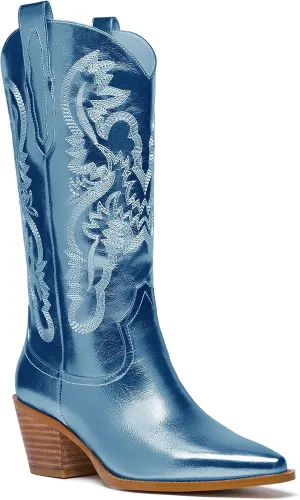 RKQ Women's Sparkle Metallic Mid Calf Cowboy Boots Glitter Wide-calf Embroidered Cowgirl Boots Western Booties Pointed Toe Chunky Block Heel Pull On Tabs classic sexy party Boots