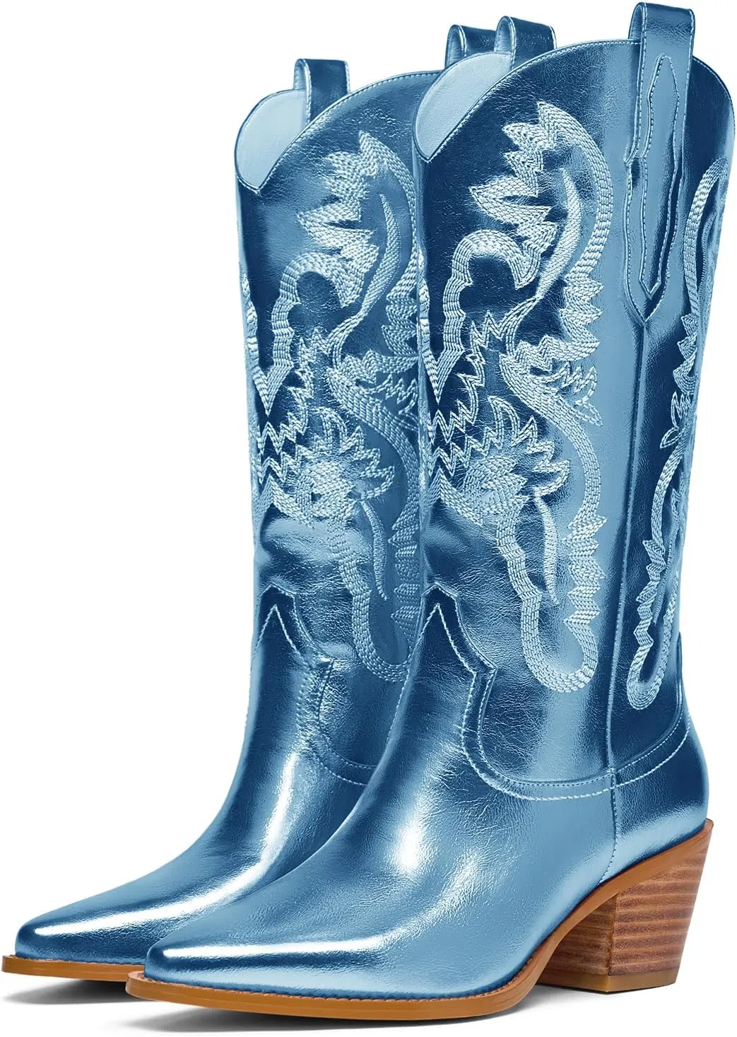 RKQ Women's Sparkle Metallic Mid Calf Cowboy Boots Glitter Wide-calf Embroidered Cowgirl Boots Western Booties Pointed Toe Chunky Block Heel Pull On Tabs classic sexy party Boots