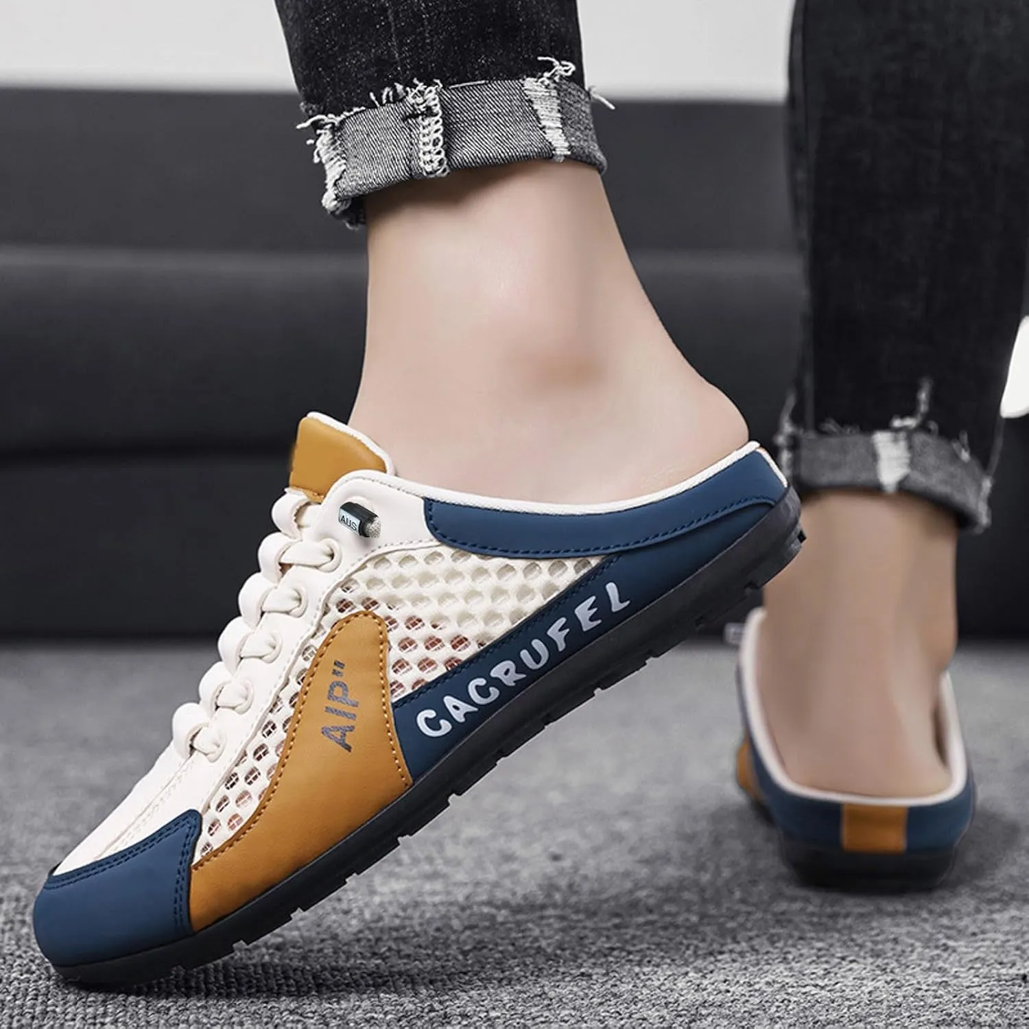 Roorsily Men's Half Cap Toe Mesh Slippers Comfortable Breathable Lazy Slip On Slippers Fashionable Outdoor Slippers