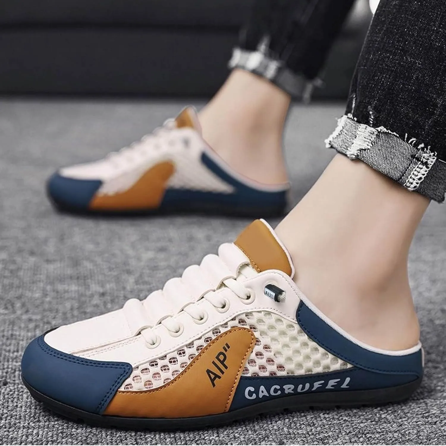 Roorsily Men's Half Cap Toe Mesh Slippers Comfortable Breathable Lazy Slip On Slippers Fashionable Outdoor Slippers