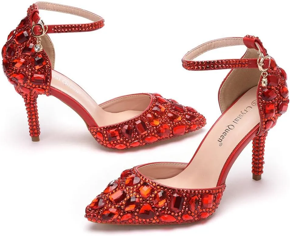 Royal Blue Rhinestone Sandals Thin High Heels Pointed Toe Sandals Blue Crystal Heels Shoes Fashion High Heel Shoes