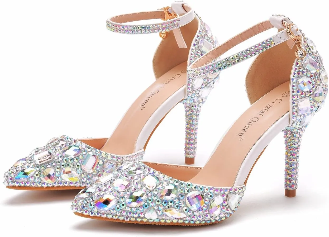 Royal Blue Rhinestone Sandals Thin High Heels Pointed Toe Sandals Blue Crystal Heels Shoes Fashion High Heel Shoes