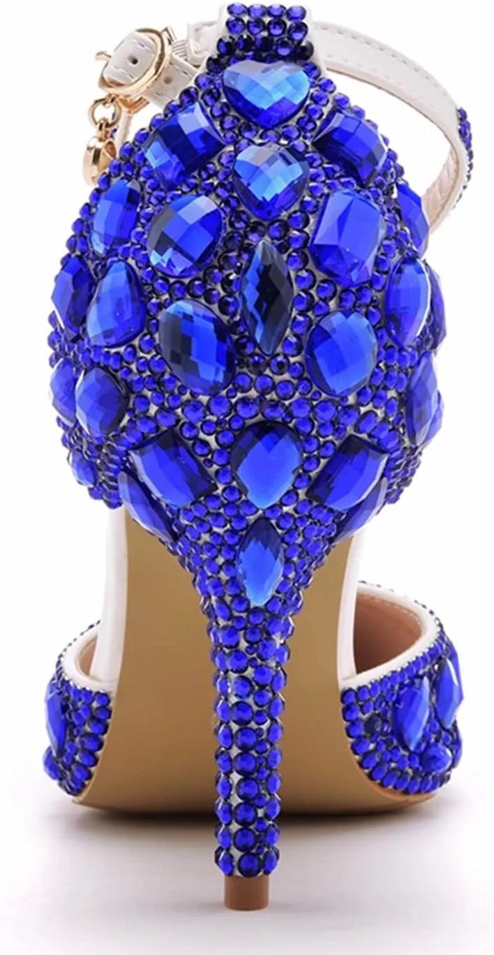 Royal Blue Rhinestone Sandals Thin High Heels Pointed Toe Sandals Blue Crystal Heels Shoes Fashion High Heel Shoes