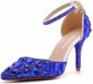 Royal Blue Rhinestone Sandals Thin High Heels Pointed Toe Sandals Blue Crystal Heels Shoes Fashion High Heel Shoes