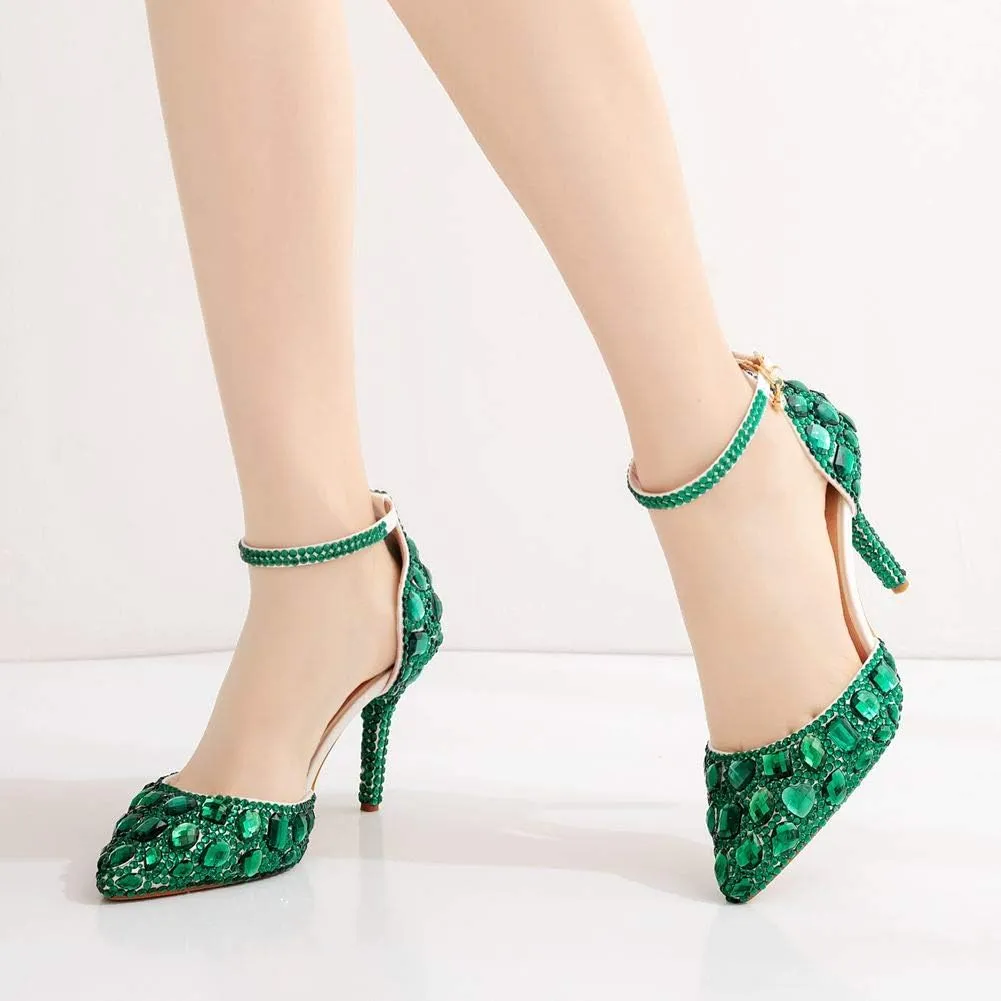 Royal Blue Rhinestone Sandals Thin High Heels Pointed Toe Sandals Blue Crystal Heels Shoes Fashion High Heel Shoes