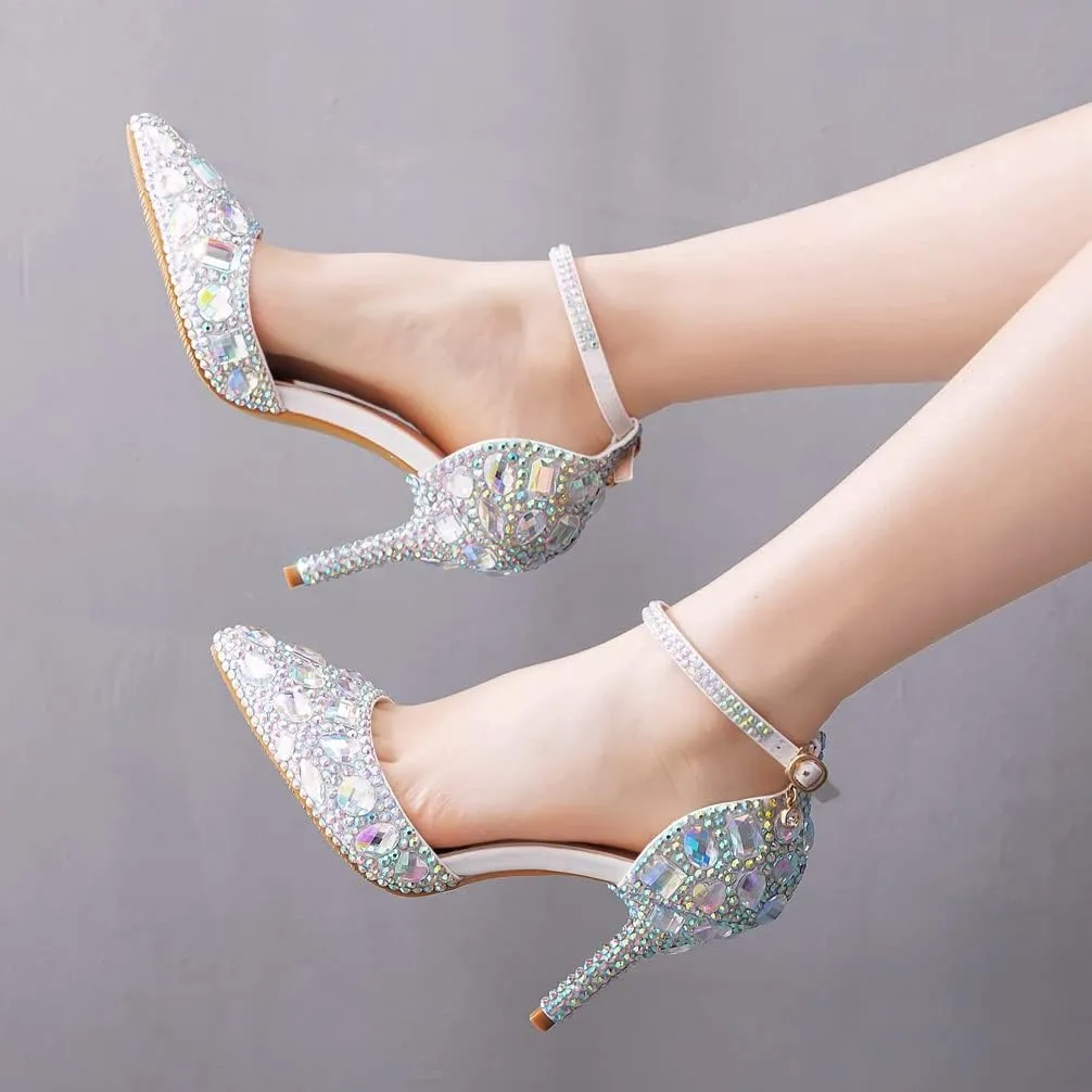 Royal Blue Rhinestone Sandals Thin High Heels Pointed Toe Sandals Blue Crystal Heels Shoes Fashion High Heel Shoes