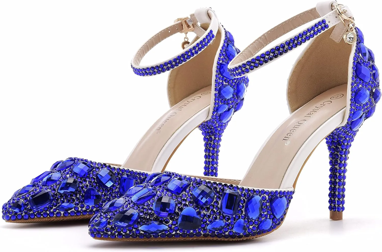 Royal Blue Rhinestone Sandals Thin High Heels Pointed Toe Sandals Blue Crystal Heels Shoes Fashion High Heel Shoes
