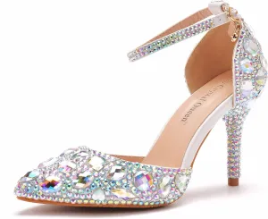 Royal Blue Rhinestone Sandals Thin High Heels Pointed Toe Sandals Blue Crystal Heels Shoes Fashion High Heel Shoes