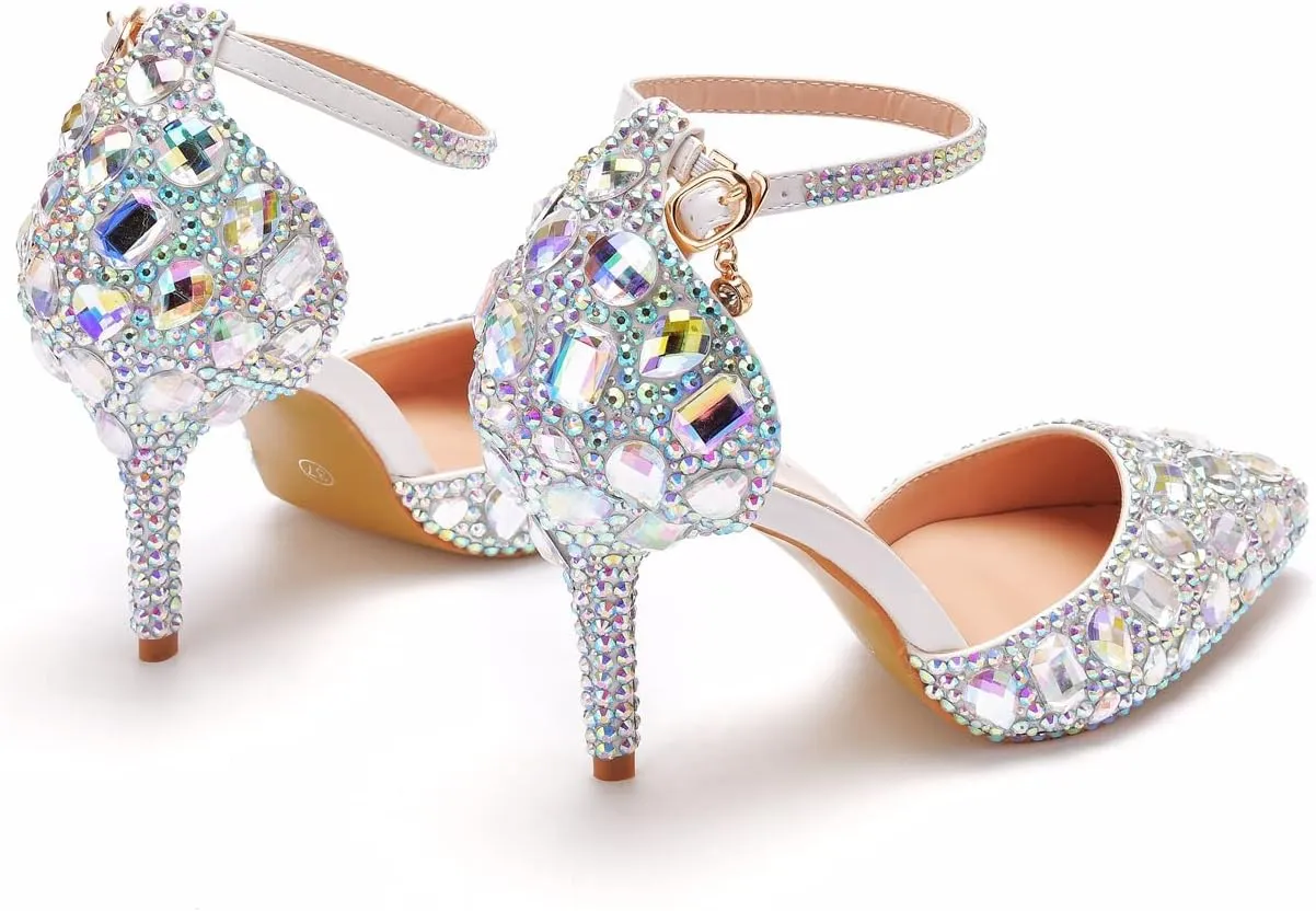 Royal Blue Rhinestone Sandals Thin High Heels Pointed Toe Sandals Blue Crystal Heels Shoes Fashion High Heel Shoes