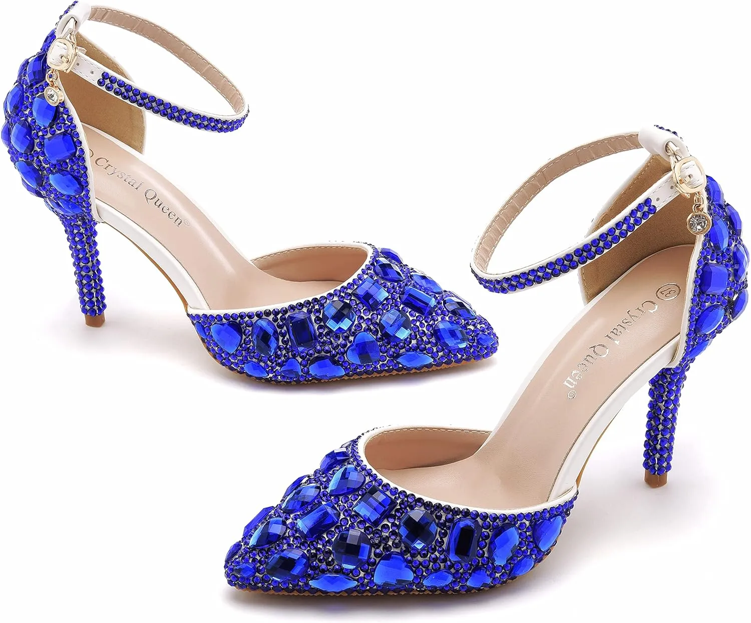 Royal Blue Rhinestone Sandals Thin High Heels Pointed Toe Sandals Blue Crystal Heels Shoes Fashion High Heel Shoes