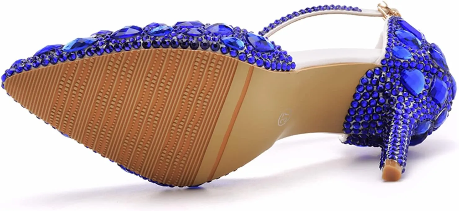 Royal Blue Rhinestone Sandals Thin High Heels Pointed Toe Sandals Blue Crystal Heels Shoes Fashion High Heel Shoes